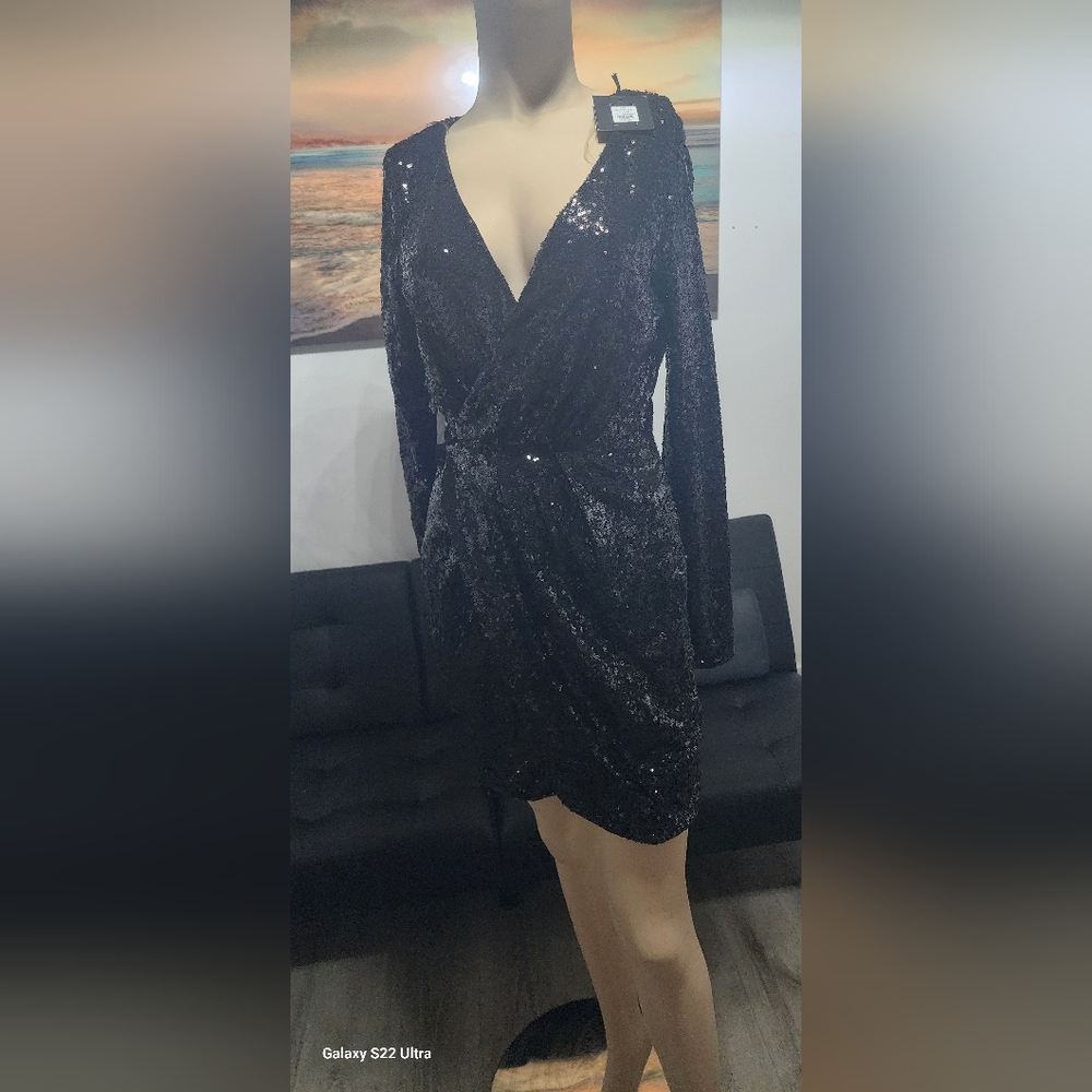 Elegant Black Sequin Wrap Dress